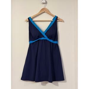 Land's End V-Neck Wrap Tankini Top Size 16W Navy Blue Stripe Swimwear Swimsuit